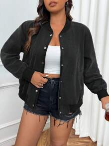 SHEIN EZwear Plus Size Solid Color Front Button Long Sleeve Simple Jacket, Casual Daily Wear - Black - View 2