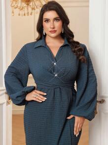 Modelyn Plus Size Casual Solid Color Lantern Sleeve Wrap Dress, Autumn - Blue - View 7
