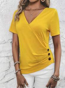 INAWLY Women's Solid V-Neck Short Sleeve Pleated Casual T-Shirt, Summer - Yellow - View 3