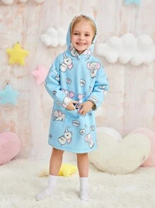 Young Girl Blue Minimalist Cute Elephant Print Long Sleeve Hooded Warm Pajama Nightgown Sleepwear