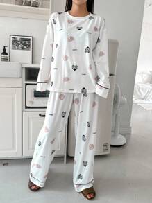 DAZY Women Cute Cartoon Print Round Neck Drop Shoulder Top And Pants Pajamas Set, Spring Summer - Beige - View 3