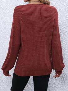 SHEIN PETITE Women Fall Long Sleeve Loose Minimalist Style Letter Pattern Sweater, Knit Pullover Fall Winter ,Petite Women - Brown - View 2