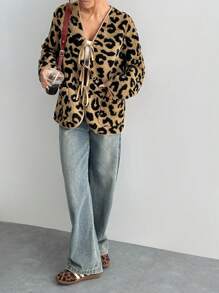 Flirla Leopard Print Faux Suede Front Tie Long Sleeve Casual Jacket - Brown - View 3