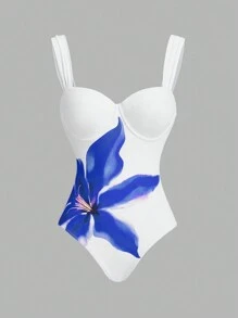 Swim Oasis 女士花卉印花细肩带连体泳衣，带荷叶边罩衫和裙子，夏季海滩度假胜地' - 彩色 - 查看 3