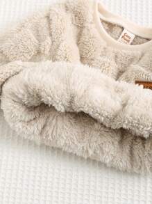 Cozy Pixies 2 件装男婴可爱熊图案双面羊毛圆领插肩运动衫和慢跑裤套装 - 米色 - 查看 4