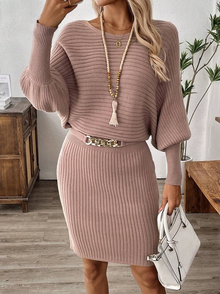 Women Solid Color Lantern Sleeve Ribbed Knit Sweater Dress Fall Women Clothes Elegant Dress Teacher Outfits