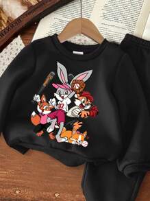 SHEIN Baby Girl Casual Cartoon Pattern Crew Neck Sweatshirt Warm Outfit, Suitable For Autumn & Winter