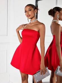SHEIN SXY Red Summer Elegant Party Women Mini Dress,Tube Top A-Line Formal Prom Wedding Guest,Fall Holiday New Year Eve Outfit Clothes - Red - View 8
