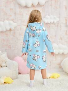 Young Girl Blue Minimalist Cute Elephant Print Long Sleeve Hooded Warm Pajama Nightgown Sleepwear