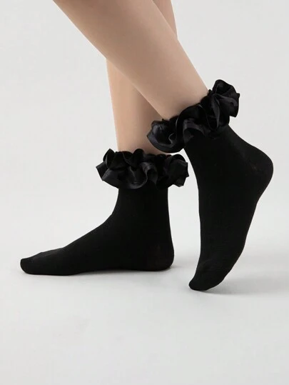ROMWE Goth Women's Plain Ruffled Mid-Calf Socks