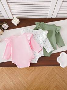 SHEIN Baby Girl Lovely Heart Pattern Ruffle Trim Long Sleeve Bodysuit - Green - View 2