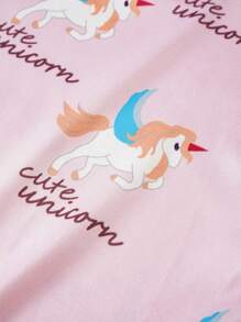 2pcs Young Girls Simple Pink Flying Horse Print Snug Fit Long Sleeve Top And Pants Homewear Set