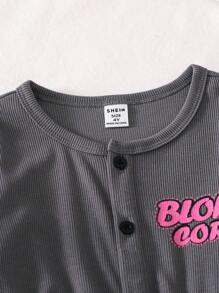 SHEIN Young Girls Casual Long Sleeve Letter Print Jumpsuit, Knit Stretchy Striped Wide Leg Pants, Fall/Winter Outfits - Grey - View 6