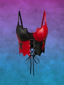 Harley Quinn | ROMWE Women's Punk Star, Diamond, Square Print Asymmetric Hem Faux Leather Patchwork Crop Cami Top - Black - View 1