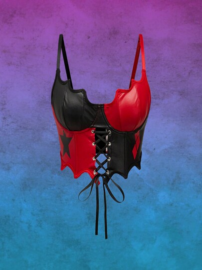 Harley Quinn | ROMWE ملابس علوية كامي قصير منقط بمطبوعات معقدة، غير متماثل الذيل، من جلد اصطناعي باتشوورك