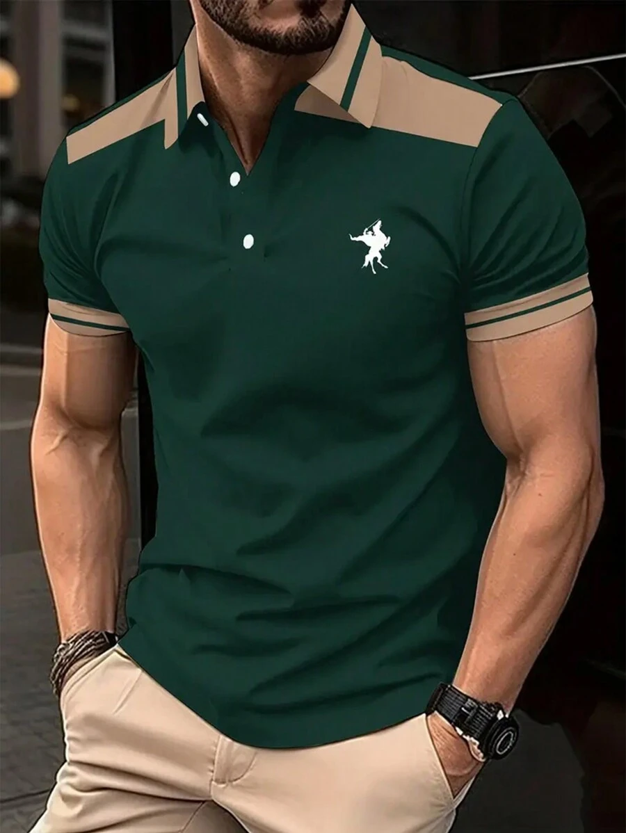 Manfinity Dauomo Men's Casual Contrast Color Patchwork Polo Shirt, Summer - Green - View 1