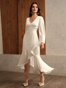 Anewsta Elegant Satin Ruffle Waist Slimming Long Dress For Women - White - View 3