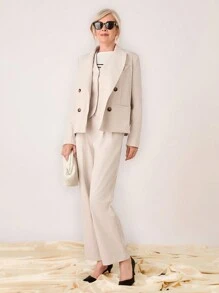 SHEIN LUNE Women Casual Solid Straight Leg Pants - Beige - View 3
