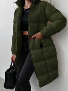 EURMUSE Damski zimowy płaszcz z długim rękawem i kapturem, z długim pikowaniem i wzorem w kratkę - Wojskowa Zieleń - Zobacz 5