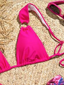 Summer 1 Piece Solid Color Thick Strap Top And Random Print Bikini Bottoms Bikini Set - Pink - View 4