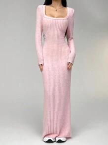 SHEIN EZwear Women's Solid Color Simple Long Sleeve Knitted Dress - Pink - View 3