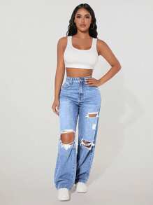 SHEIN PETITE 女式直筒宽松破洞口袋休闲牛仔裤 - 淺藍色 - 查看 5