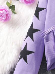 SHEIN Tween Girls Solid Star Embroidered Hooded Sweatshirt Set, Autumn/Winter - Purple - View 3