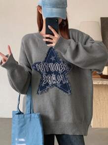 DAZY Maglione oversize in denim con patchwork e decorazione a stelle, stile Y2K, adatto per l'autunno