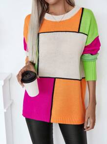 Chiquease 女士秋冬撞色圆领蝙蝠袖长袖宽松休闲毛衣 - 彩色 - 查看 5