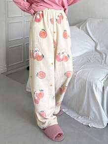 DAZY Cute Cartoon Pattern Flannel Thick Straight Leg Pajama Bottoms,Thermal Lined - Beige - View 7