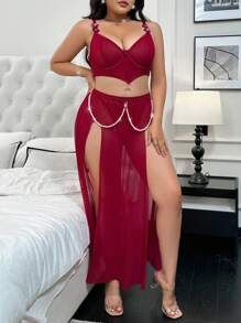 3 piezas/Conjunto Sujetador sexy con decoración de flores de perlas falsas + Tanga + Falda con abertura en la cintura