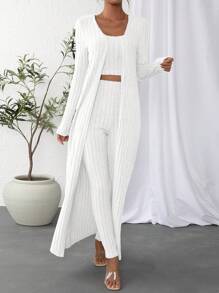 SHEIN Essnce طقم محبوك للنساء 3 قطع: صدرية رقبة دائرية، كارديجان، وبنطلون ضيق خصر عالي - أبيض - مشاهدة 6