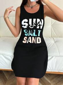 SHEIN 女士字母与椰子树剪影印花吊带睡袍 - 黑色 - 查看 3