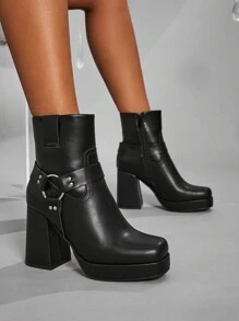 SHUZIA Botines de plataforma con puntera cuadrada, tacón cuadrado y PU negro para mujer