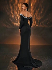 Glamrae Váy dài chấm đất đuôi cá đính ngọc trai đính đá cổ trễ vai bằng vải dệt kim co giãn màu đen thanh lịch & quyến rũ, tay dài, thích hợp cho đám cưới, tiệc tùng, ngày lễ và tiệc chiêu đãi (được tô điểm đậm), váy dạ hội trang trọng, cho khách dự tiệc cưới, tốt nghiệp, tiệc tối, váy dạ hội - màu đen - Xem 3