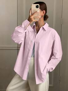 DAZY 女士纯色休闲长袖衬衫，适合日常穿着，春夏季 - 粉色 - 查看 3