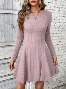 SHEIN LUNE Women's Fall Solid Color Ribbed Round Neck Long Sleeve Casual Mini Dress - Baby Pink - View 4