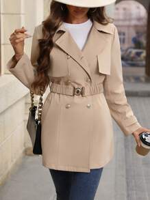 Chiquease Women's Plain Color Metal Double-Breasted Long Sleeve Casual Trench Coat, Spring Autumn