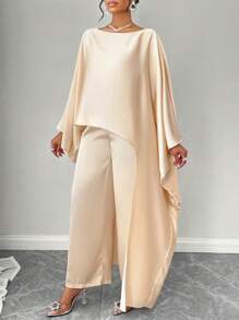 SOLERSUN 女士冬装杏色缎面露肩日常通勤蝙蝠袖超大不对称下摆长袖衬衫直筒裤套装
