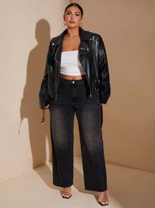 SHEIN BAE Plus Size Black Stone Faux Leather Pu Moto Jacket - Black - View 1