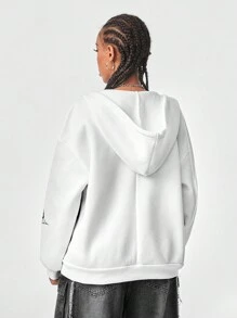 Muchica 女士撞色蜘蛛网印花抽绳连帽运动衫 - 白色 - 查看 2