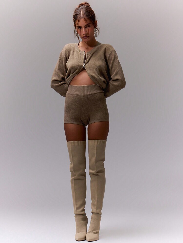 MUSERA 针织高腰迷你短裤 - 咖啡棕 - 查看 3