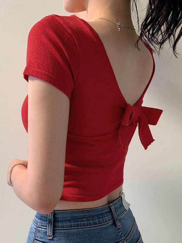 Crop top de punto sin espalda con lazo, Navidad