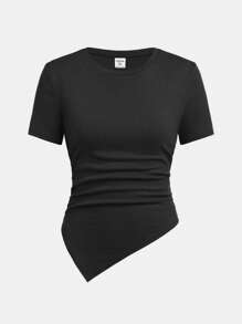 SHEIN Áo thun tay ngắn không đối xứng cạp chun đơn giản cho bé gái tuổi teen 2 chiếc - Màu Xám nhạt - Xem 3