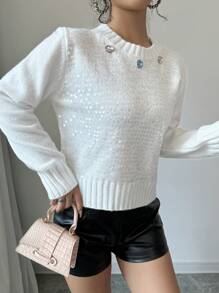 Chiquease 女式亮片装饰圆领长袖针织毛衣，秋冬季 - 白色 - 查看 4