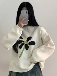 DAZY 女式花卉印花落肩圆领宽松休闲毛衣，秋冬季 - 白色 - 查看 7