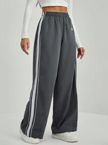 SHEIN Tall Women's Casual Sports Stripe Textured Trim Sweatpants - Grey - View 5