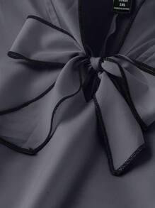 Plus Size Contrast Color Binding Front Tie Long Sleeve Casual Top - Grey - View 3