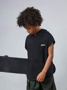 SHEIN Áo ba lỗ dệt kim có mũ trùm đầu có in chữ mùa hè của Tween Boys - màu đen - Xem 4
