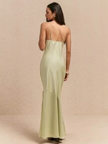 Poéselle Women's Camisole Solid Color Side Slit Hem Dress, Summer Fall Dress, Wedding Event Dress, Prom Party Dress, Homecoming Dress, Green Satin Patchwork Dress, Elegant Effortless Chic 24 FW